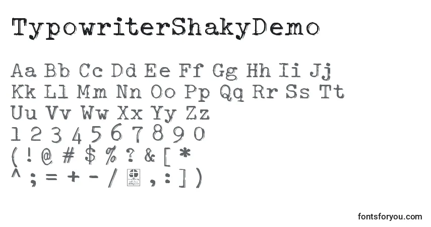 Czcionka TypowriterShakyDemo – alfabet, cyfry, specjalne znaki