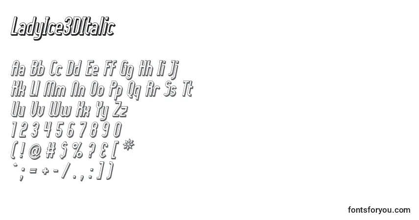 A fonte LadyIce3DItalic – alfabeto, números, caracteres especiais
