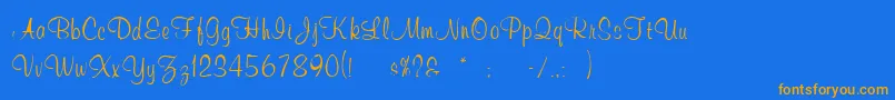 フォントWeddingInvitation3 – オレンジ色の文字が青い背景にあります。