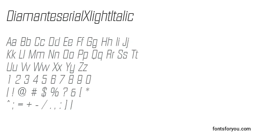 A fonte DiamanteserialXlightItalic – alfabeto, números, caracteres especiais