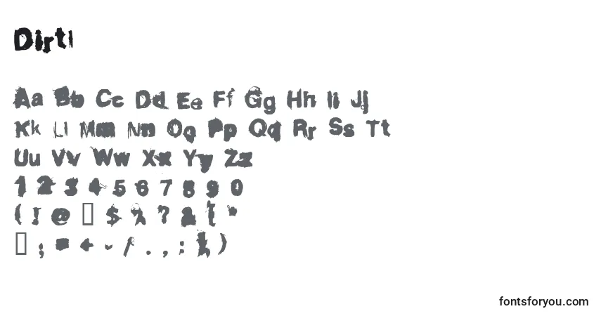 Czcionka Dirtl – alfabet, cyfry, specjalne znaki