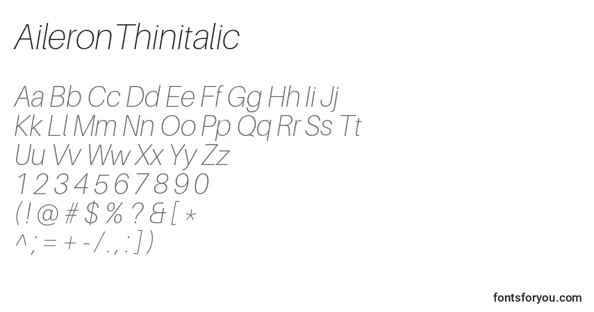 Шрифт AileronThinitalic – алфавит, цифры, специальные символы