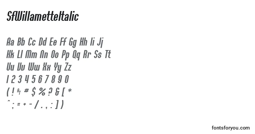 A fonte SfWillametteItalic – alfabeto, números, caracteres especiais