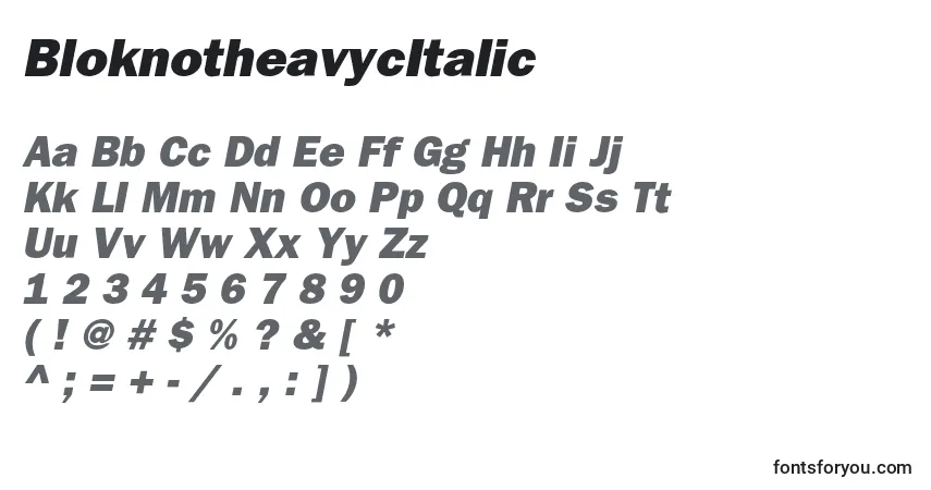 A fonte BloknotheavycItalic – alfabeto, números, caracteres especiais