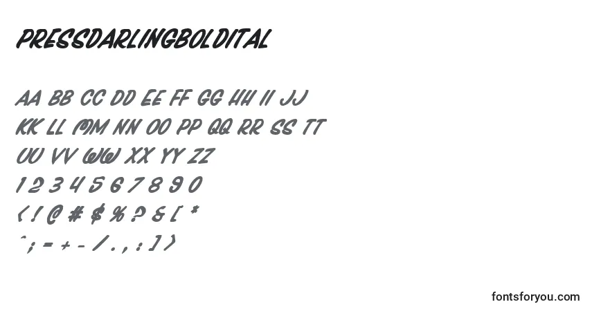Czcionka Pressdarlingboldital – alfabet, cyfry, specjalne znaki
