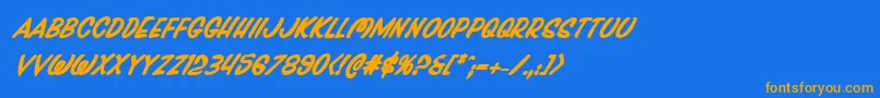 フォントPressdarlingboldital – オレンジ色の文字が青い背景にあります。