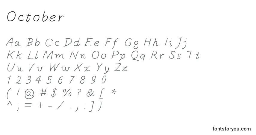 Schriftart October – Alphabet, Zahlen, spezielle Symbole