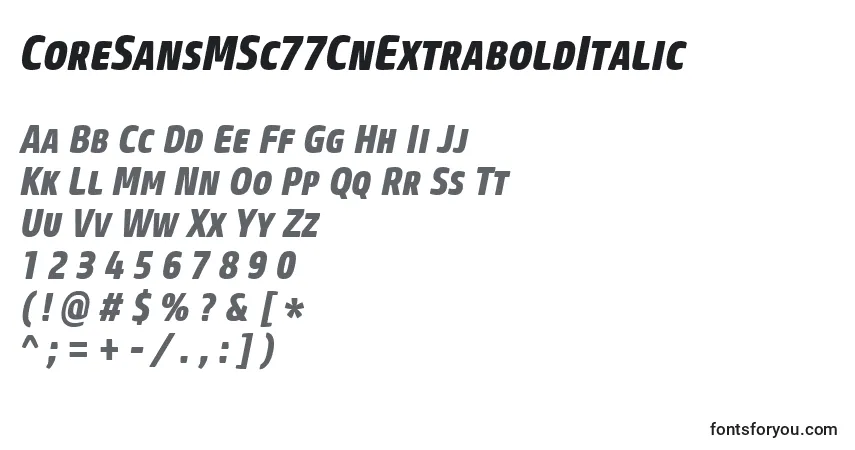 Шрифт CoreSansMSc77CnExtraboldItalic – алфавит, цифры, специальные символы