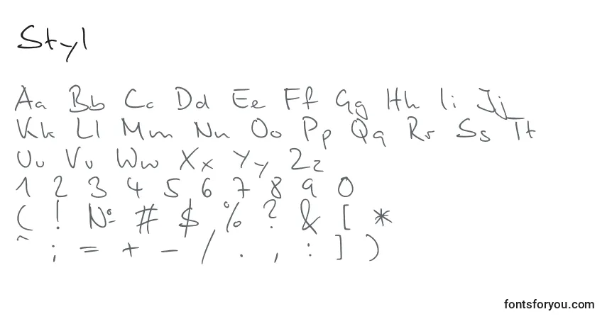 A fonte Styl – alfabeto, números, caracteres especiais
