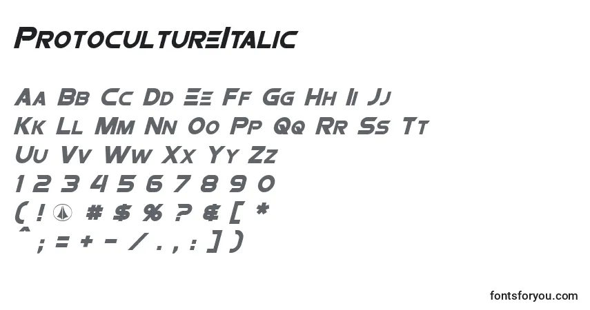 A fonte ProtocultureItalic – alfabeto, números, caracteres especiais