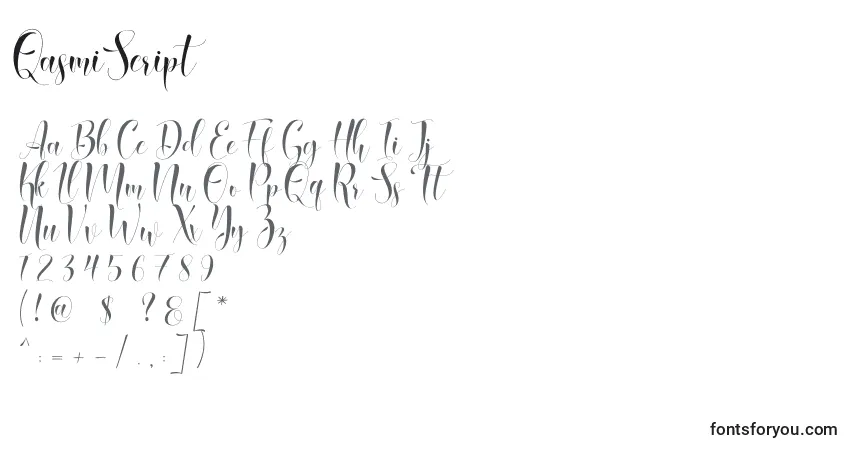 Schriftart QasmiScript – Alphabet, Zahlen, spezielle Symbole