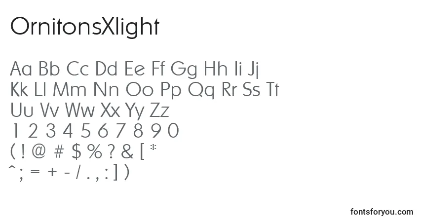 A fonte OrnitonsXlight – alfabeto, números, caracteres especiais
