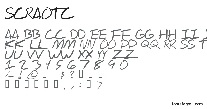 Czcionka Scraotc – alfabet, cyfry, specjalne znaki