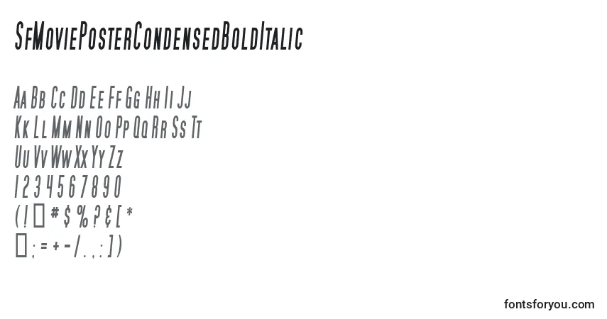 Шрифт SfMoviePosterCondensedBoldItalic – алфавит, цифры, специальные символы