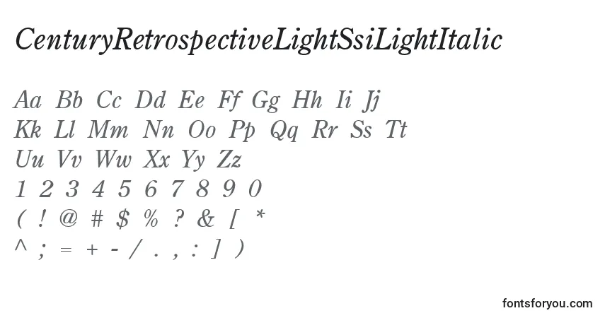 Czcionka CenturyRetrospectiveLightSsiLightItalic – alfabet, cyfry, specjalne znaki