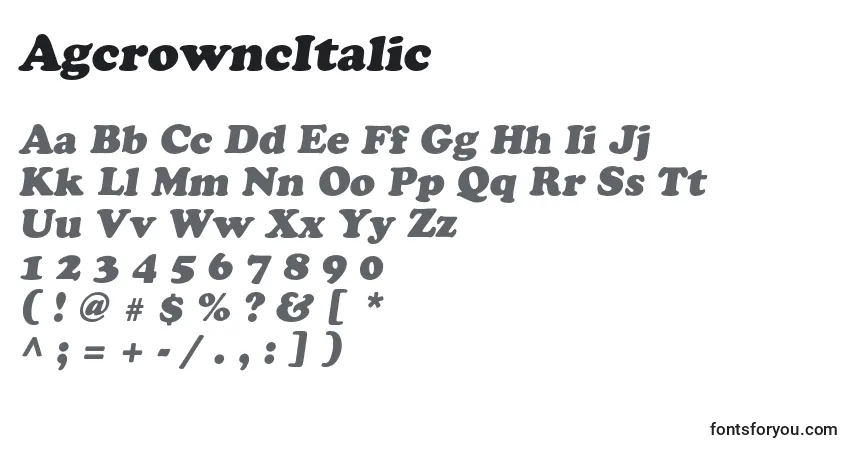 A fonte AgcrowncItalic – alfabeto, números, caracteres especiais