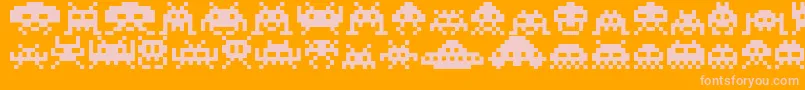 Weitere Informationen zur Invaders-Schriftart Invaders-Schriftart – Rosa Schriften auf orangefarbenem Hintergrund