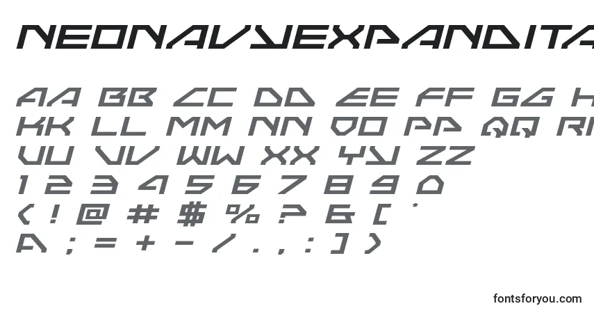 Schriftart Neonavyexpandital – Alphabet, Zahlen, spezielle Symbole