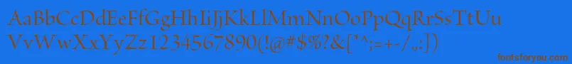 BriosoproMediumdispフォントについての詳細 フォントBriosoproMediumdisp – 茶色の文字が青い背景にあります。