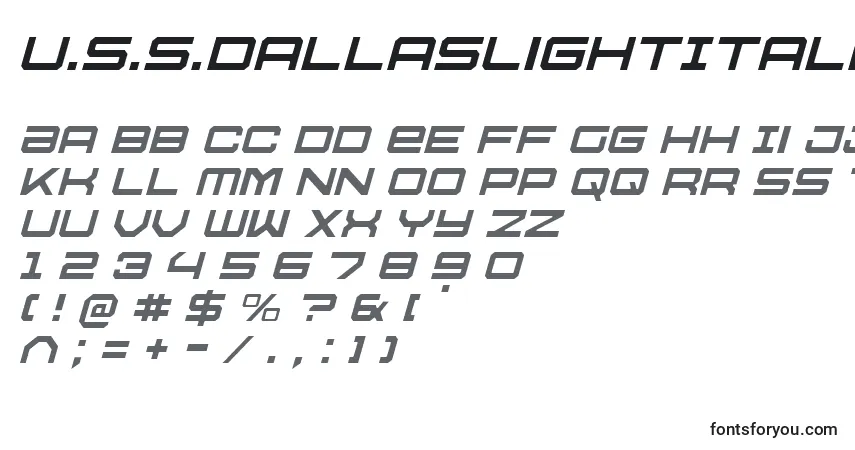 A fonte U.S.S.DallasLightItalic – alfabeto, números, caracteres especiais
