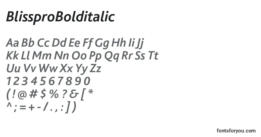 Шрифт BlissproBolditalic – алфавит, цифры, специальные символы