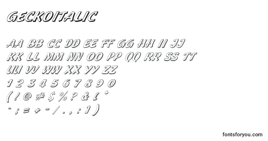 Czcionka GeckoItalic – alfabet, cyfry, specjalne znaki
