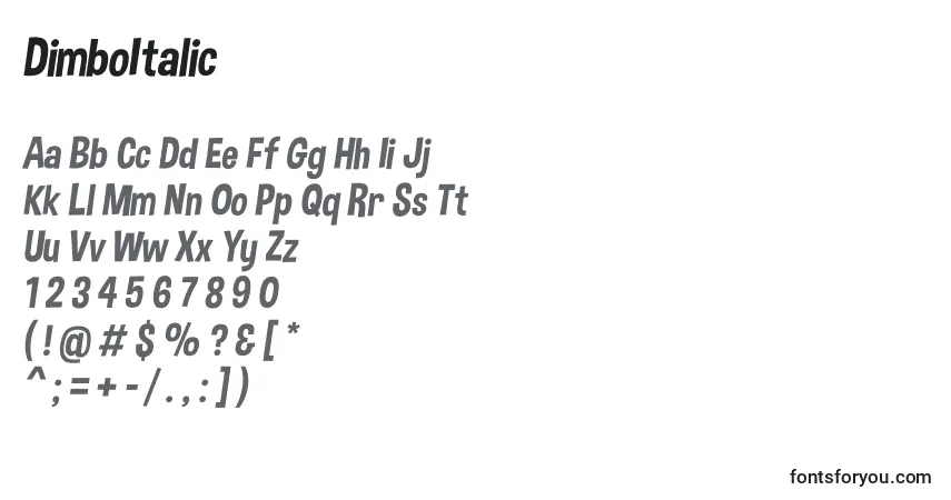 Шрифт DimboItalic – алфавит, цифры, специальные символы