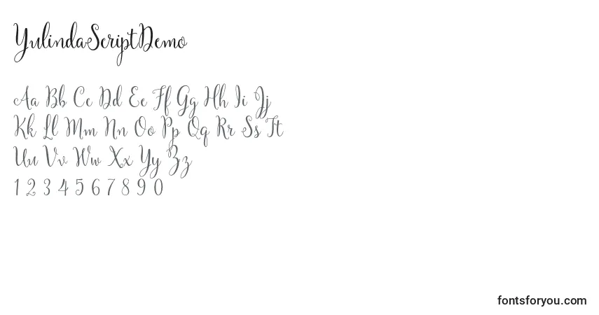 Schriftart YulindaScriptDemo – Alphabet, Zahlen, spezielle Symbole