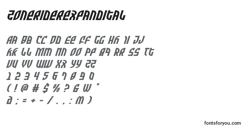 A fonte Zoneriderexpandital – alfabeto, números, caracteres especiais