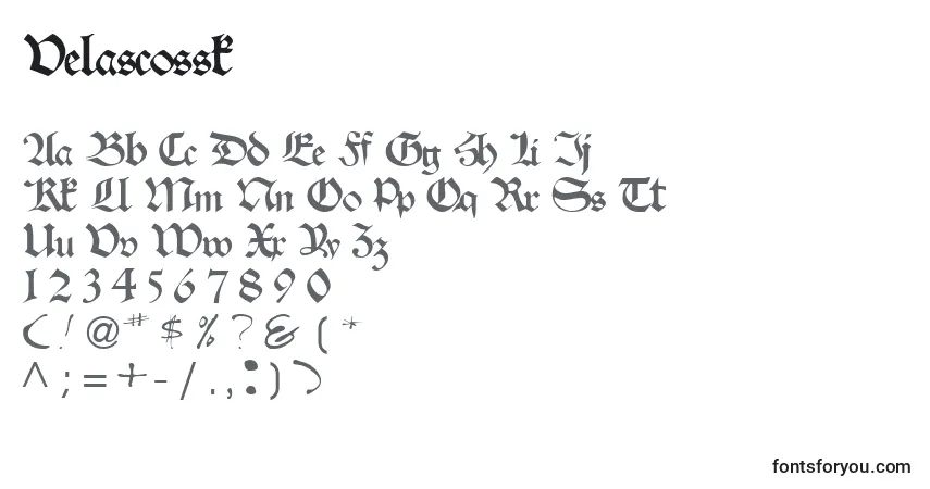 Czcionka Velascossk – alfabet, cyfry, specjalne znaki