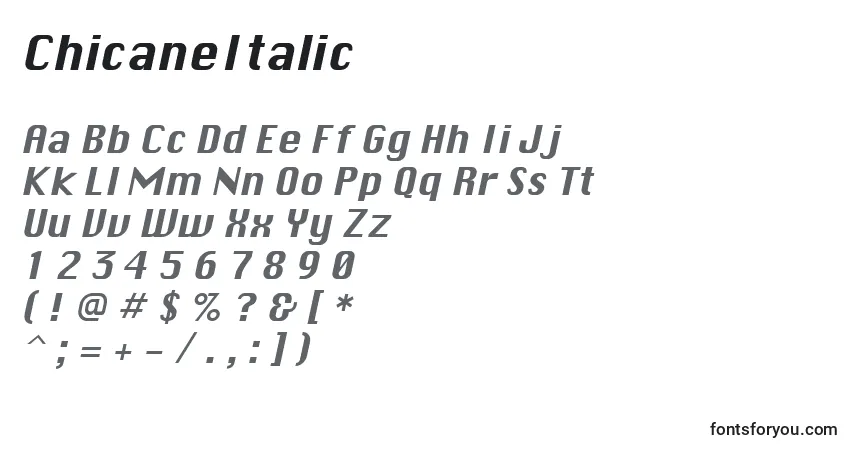 Шрифт ChicaneItalic – алфавит, цифры, специальные символы