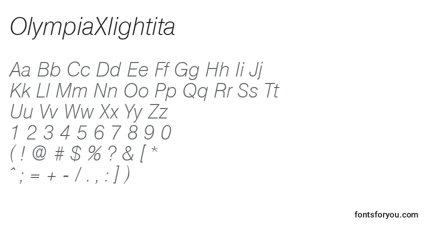 Czcionka OlympiaXlightita – alfabet, cyfry, specjalne znaki