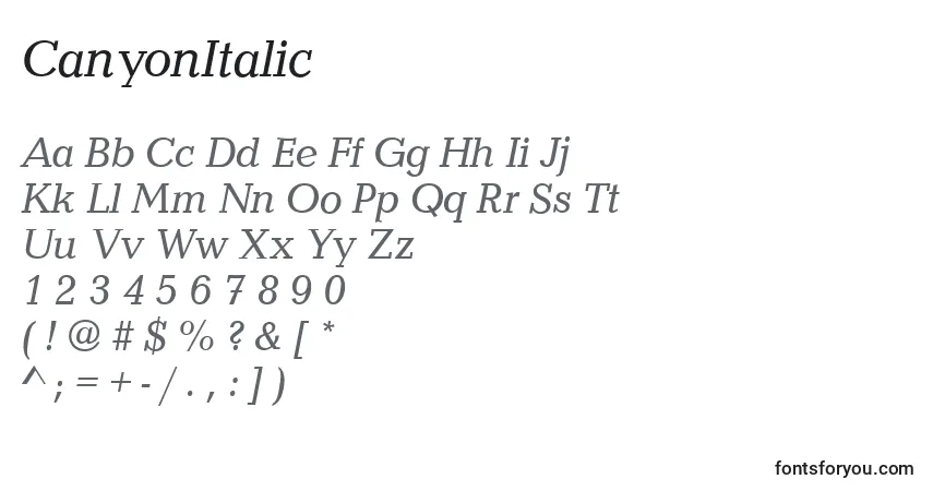Schriftart CanyonItalic – Alphabet, Zahlen, spezielle Symbole