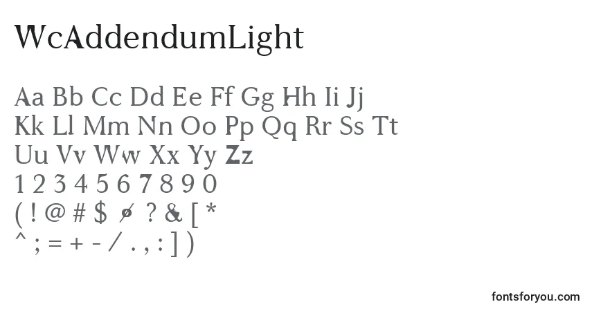 A fonte WcAddendumLight – alfabeto, números, caracteres especiais