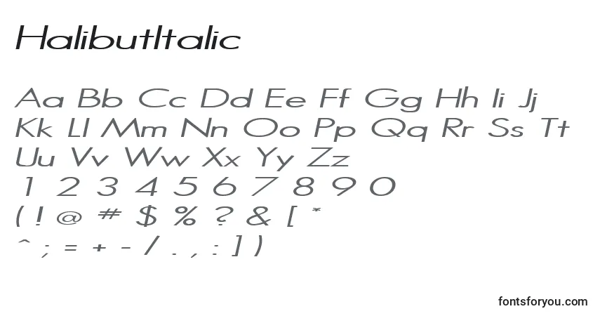 A fonte HalibutItalic – alfabeto, números, caracteres especiais