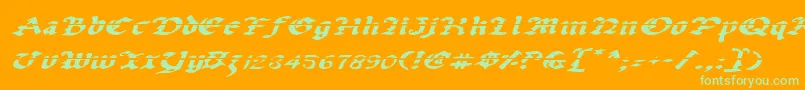 UberhГ¶lmeLazarExpandedItalic-Schriftart – Grüne Schriften auf orangefarbenem Hintergrund