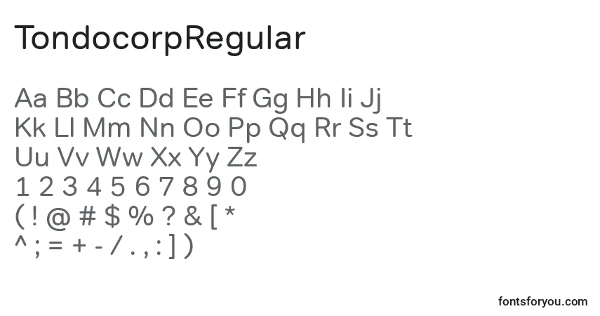Czcionka TondocorpRegular – alfabet, cyfry, specjalne znaki