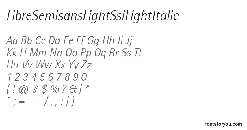 A fonte LibreSemisansLightSsiLightItalic – alfabeto, números, caracteres especiais