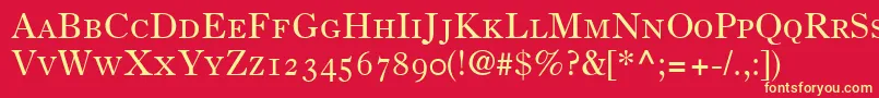 PartitionOldstyleSsiSmallCaps-fontti – keltaiset fontit punaisella taustalla