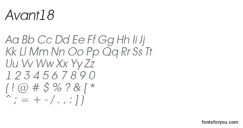 Fuente Avant18 - alfabeto, números, caracteres especiales