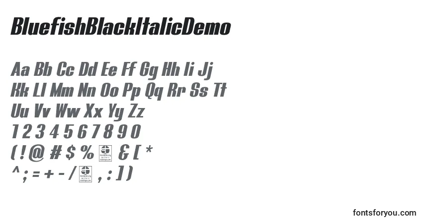Czcionka BluefishBlackItalicDemo – alfabet, cyfry, specjalne znaki