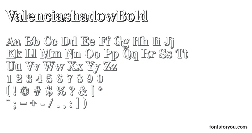 A fonte ValenciashadowBold – alfabeto, números, caracteres especiais