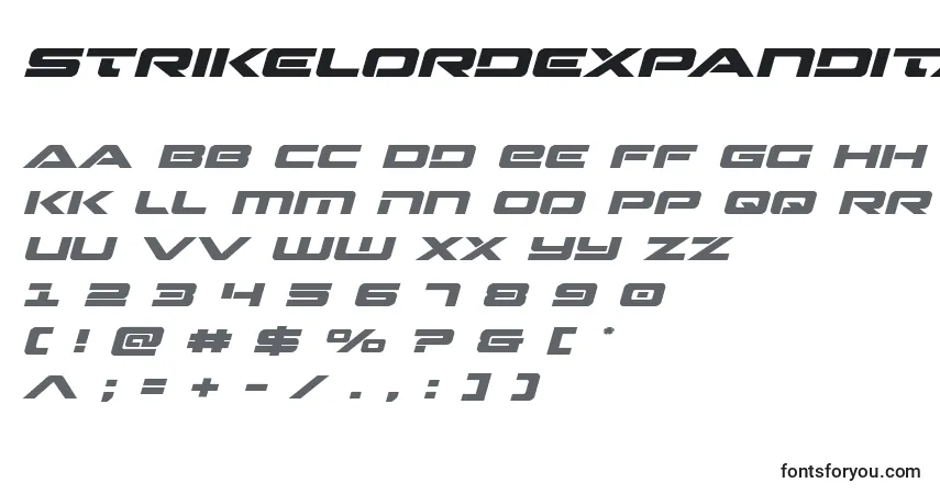 Schriftart Strikelordexpandital – Alphabet, Zahlen, spezielle Symbole