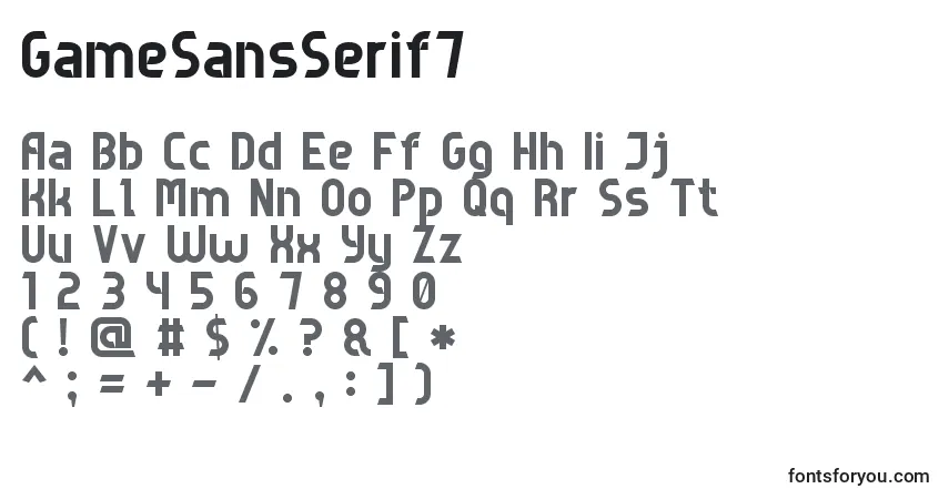 Czcionka GameSansSerif7 – alfabet, cyfry, specjalne znaki