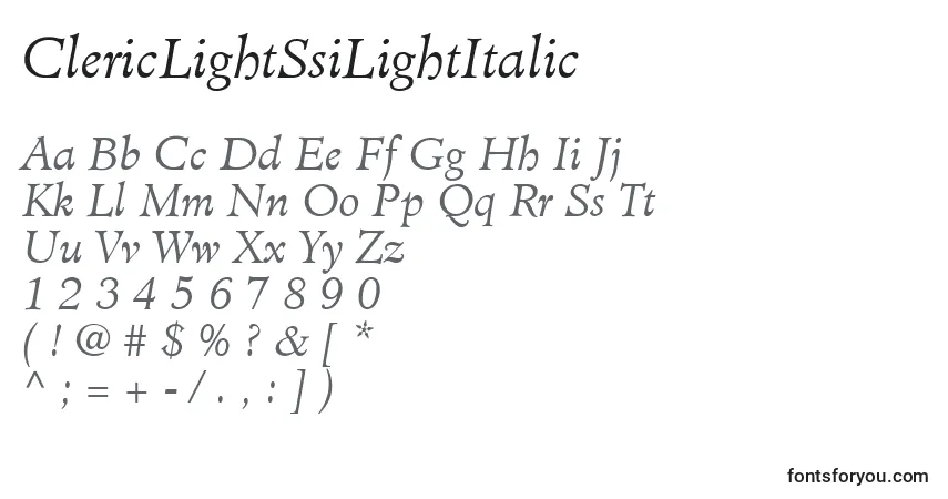 Czcionka ClericLightSsiLightItalic – alfabet, cyfry, specjalne znaki
