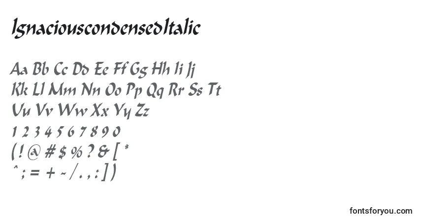 A fonte IgnaciouscondensedItalic – alfabeto, números, caracteres especiais