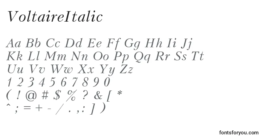 A fonte VoltaireItalic – alfabeto, números, caracteres especiais