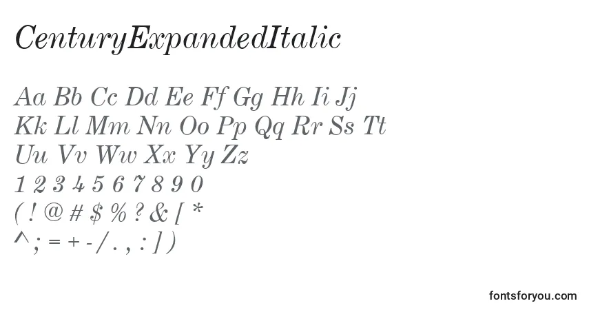 CenturyExpandedItalic-fontti – aakkoset, numerot, erikoismerkit