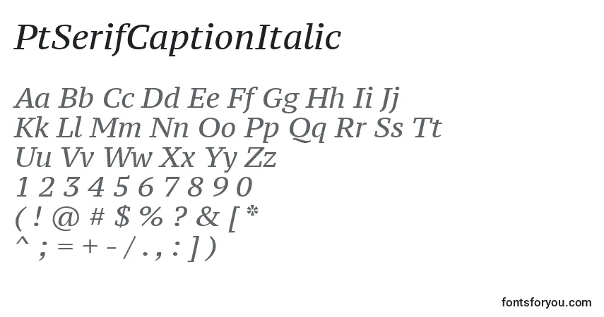 A fonte PtSerifCaptionItalic – alfabeto, números, caracteres especiais