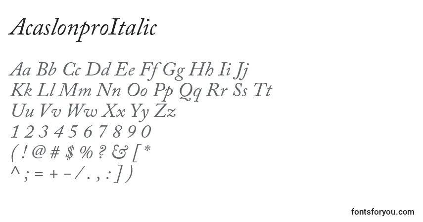 AcaslonproItalic-fontti – aakkoset, numerot, erikoismerkit